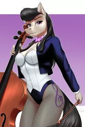 Size: 2000x3000 | Tagged: safe, alternate version, artist:mykegreywolf, derpibooru import, octavia melody, anthro, earth pony, bow (instrument), bowtie, breasts, busty octavia, cello, cleavage, clothes, digital art, ear fluff, female, fishnet clothing, fishnet pantyhose, high res, image, leotard, mare, musical instrument, pantyhose, png, solo, thong leotard, tuxedo