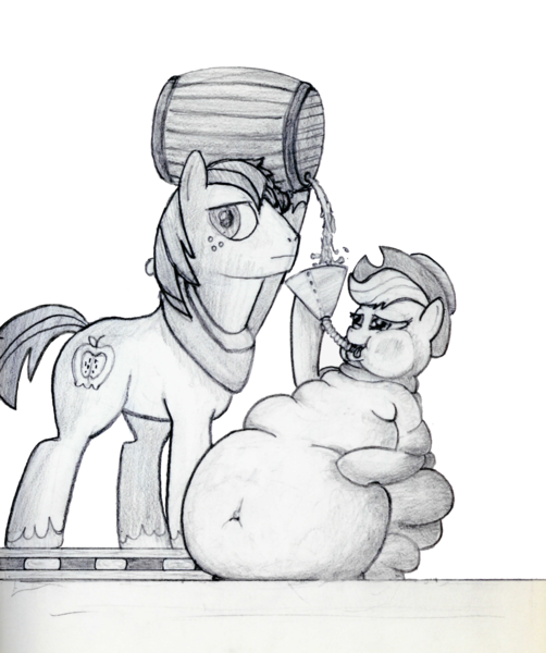 Size: 3098x3701 | Tagged: questionable, artist:white-eyed vireo, derpibooru import, applejack, big macintosh, earth pony, pony, applefat, barrel, belly, belly button, bingo wings, chubby cheeks, chubby jack, chug chug chug chug, chugging, cider, double chin, duo, fat, female, force feeding, funnel, male, monochrome, morbidly obese, not amused face, obese, rolls of fat, shipping pallet, simple background, stuffed, stuffing, traditional art, transparent background