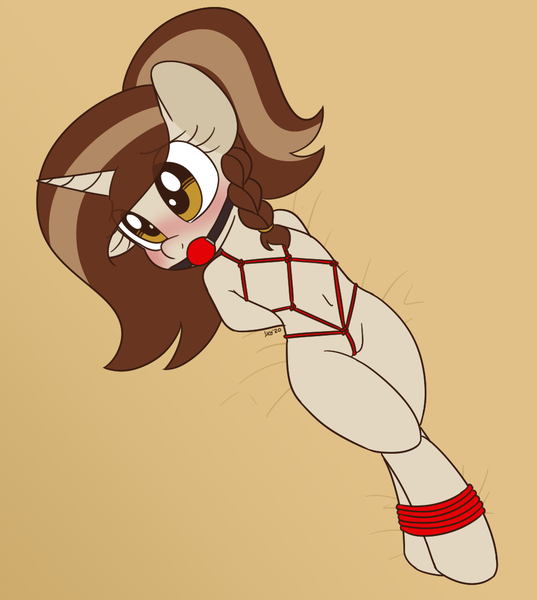 Size: 932x1042 | Tagged: questionable, artist:sweetfilthyfun, derpibooru import, oc, oc:allegro dolce, unofficial characters only, pony, arm behind back, ballgag, blushing, bondage, bound legs, female, female oc, gag, looking at you, mare, rope, rope bondage, shibari, solo, solo female