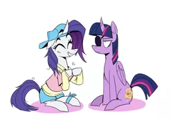Size: 1210x826 | Tagged: safe, artist:cassettepunk, deleted from derpibooru, derpibooru import, rarity, twilight sparkle, twilight sparkle (alicorn), alicorn, pony, unicorn, friendship university, alternate hairstyle, backwards ballcap, baseball cap, cap, clothes, cute, disguise, duo, eyepatch, eyepatch (disguise), eyes closed, female, floppy ears, hat, hooves together, mare, plainity, raribetes, simple background, sitting, smiling, twilight is not amused, unamused, white background