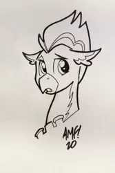 Size: 2000x3000 | Tagged: anxiety, anxious, artist:tonyfleecs, bird, black and white, bust, cute, derpibooru import, grayscale, hippogriff, looking at you, monochrome, oc, oc:ping wing, penguin, safe, traditional art
