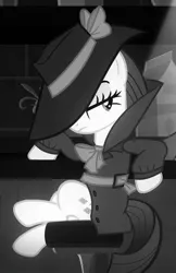 Size: 612x944 | Tagged: safe, derpibooru import, screencap, rarity, pony, unicorn, sparkle's seven, clothes, coat, costume, cropped, crossed legs, detective, detective rarity, fedora, hat, hat over eyes, leaning, lidded eyes