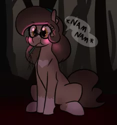 Size: 649x694 | Tagged: safe, artist:whatsapokemon, derpibooru import, oc, oc:wishful thought, unofficial characters only, earth pony, pony, eating, female, forest, glasses, glow, grazing, herbivore, horses doing horse things, mare, munching, plant, sitting, socks (coat marking), solo