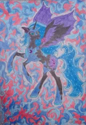 Size: 1442x2096 | Tagged: abstract background, alicorn, armor, artist:keshakadens, bipedal, derpibooru import, female, mare, moon, nightmare moon, raised hoof, safe, traditional art