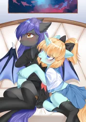 Size: 2480x3508 | Tagged: safe, artist:ginkgo leaf, derpibooru import, oc, oc:bar, oc:diamonody, unofficial characters only, bat pony, semi-anthro, unicorn, bat pony oc, bat wings, blushing, bow, clothes, cute, female, hair bow, horn, hug, mare, open mouth, ponytail, skirt, slit eyes, slit pupils, socks, unicorn oc, uniform, unshorn fetlocks, wings