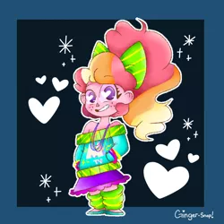 Size: 768x768 | Tagged: safe, artist:ginger-snaps-art, derpibooru import, oc, oc:honeycrisp blossom, equestria girls, 80s, 80s hair, alternate hairstyle, bow, clothes, female, freckles, glowstick necklace, hair bow, heart eyes, leg warmers, little girl, off shoulder, off shoulder sweater, offspring, parent:big macintosh, parent:princess cadance, parents:cadmac, solo, sweater, wingding eyes