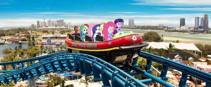 Size: 2000x830 | Tagged: photographer needed, safe, derpibooru import, applejack, fluttershy, pinkie pie, rainbow dash, rarity, sci-twi, twilight sparkle, equestria girls, australia, boat, equestria girls in real life, gold coast, humane five, humane six, roller coaster, sea world, spongebob squarepants, the ride never ends