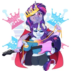 Size: 2449x2449 | Tagged: safe, artist:earthsong9405, deleted from derpibooru, derpibooru import, rarity, twilight sparkle, anthro, pony, unicorn, fanfic:rock the carousel, bass guitar, cape, cloak, clothes, crown, cutie mark, duo, ear piercing, earring, fangs, female, guitar, heart, horn, horn ring, jewelry, leonine tail, lesbian, long nails, mare, measuring tape, musical instrument, one eye closed, piercing, rarilight, regalia, ring, rock, shipping, simple background, size difference, white background