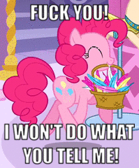 Size: 199x240 | Tagged: animated, basket, caption, carousel boutique, cropped, derpibooru import, edit, edited screencap, eyes closed, feather, green isn't your color, image macro, killing in the name (rage against the machine), meme, mouth hold, pinkie pie, rage against the machine, rarity, safe, screencap, solo focus, song reference, text, trotting, vulgar