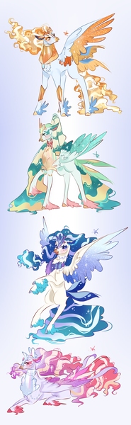 Size: 1768x5728 | Tagged: artist:bunnari, derpibooru import, feathered fetlocks, female, hippogriff, hippogriff oc, hybrid, interspecies offspring, magical lesbian spawn, oc, oc:amalthea light, oc:astraea radiance, oc:marina glister, oc:ondina gleam, offspring, parent:princess celestia, parent:queen novo, parents:novolestia, safe, tail feathers, unofficial characters only, unshorn fetlocks