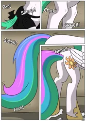 Size: 905x1280 | Tagged: artist:rex-equinox, clothes, comic, comic:royal makeover, commission, derpibooru import, hoof shoes, human, human to pony, male to female, princess celestia, rule 63, safe, sequence, torn clothes, transformation, transformation sequence, transgender transformation