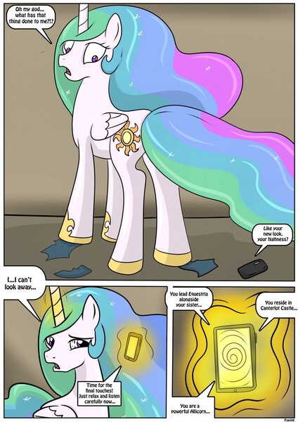 Size: 905x1280 | Tagged: artist:rex-equinox, brainwashing, clothes, comic:royal makeover, commission, derpibooru import, hoof shoes, human, human to pony, male to female, mind control, mobile phone, phone, princess celestia, rule 63, safe, sequence, torn clothes, transformation, transformation sequence, transgender transformation