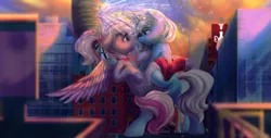 Size: 1811x921 | Tagged: suggestive, artist:moondreamer16, derpibooru import, oc, oc:eula phi, oc:windbreaker, unofficial characters only, pegasus, pony, unicorn, city, commission, eye contact, female, giantess, looking at each other, macro, mare, water tower, wet, wet mane