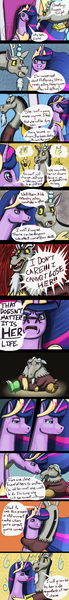 Size: 1000x8650 | Tagged: accessories, alicorn, artist:azurllinate, close-up, comforting, comic strip, concerned, crying, defeated, demanding, derpibooru import, discord, distraught, draconequus, emotional, female, hands on shoulder, hug, implied fluttershy, jewelry, looking at each other, male, nothing but love month, pointing, purple eyes, red eyes, safe, sitting, smiling, speech, speech bubble, suggestion, talking, tears of joy, tears of pain, teary eyes, thought bubble, throne, throne room, tiara, transformed, twilight sparkle, twilight sparkle (alicorn), upset