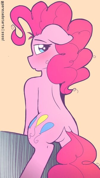 Size: 720x1280 | Tagged: suggestive, artist:perezadotarts, derpibooru import, pinkie pie, earth pony, pony, balloonbutt, blushing, butt, female, looking at you, plot, pose, seductive, seductive pose, simple background, solo, solo female