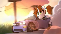 Size: 1280x720 | Tagged: safe, artist:perezadotarts, derpibooru import, oc, unofficial characters only, pony, unicorn, car, driving, ford, ford mustang, head, lighting, lights, ponytail, road, shading, skidding, smoke, solo, speed, street, sunset, trail