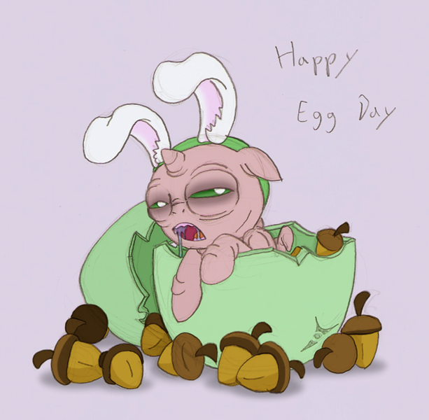 Size: 712x697 | Tagged: acorn, alicorn, alicorn oc, artist:ravenpuff, bags under eyes, bunny ears, colt, derpibooru import, easter, egg, floppy ears, holiday, horn, male, no teeth, not salmon, oc, oc:butters, oc:sir reginald butterscop pendragon iv jr., safe, solo, tired, unofficial characters only, wat, wings