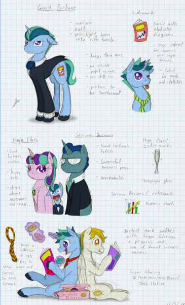 Size: 867x1426 | Tagged: safe, artist:ravenpuff, deleted from derpibooru, derpibooru import, oc, oc:good fortune, oc:high class, oc:serious business, oc:sugar glacing, pegasus, pony, unicorn, :p, clothes, comic book, donut, eating, eyelashes, female, food, glasses, graph paper, horn, horn jewelry, jewelry, makeup, male, mare, necklace, necktie, one eye closed, pearl necklace, reading, reference sheet, sitting, stallion, suit, tongue out, traditional art, trophy wife, unamused, unshorn fetlocks, wink