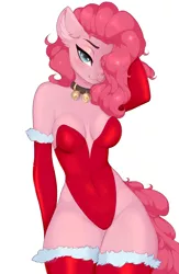 Size: 1961x3000 | Tagged: suggestive, artist:u_lu_lu, derpibooru import, pinkie pie, anthro, earth pony, absolute cleavage, arm behind head, bedroom eyes, bell, bell collar, breasts, busty pinkie pie, christmas, cleavage, clothes, collar, costume, ear fluff, evening gloves, female, gloves, hair over one eye, high-cut clothing, holiday, leotard, long gloves, looking at you, mare, santa costume, sexy, sexy santa costume, simple background, socks, stockings, thigh highs, white background