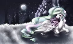 Size: 1304x794 | Tagged: safe, artist:dollfins, derpibooru import, princess celestia, twilight sparkle, alicorn, pony, unicorn, duo, female, filly, filly twilight sparkle, full moon, mare, momlestia, moon, night, stars, unicorn twilight, younger