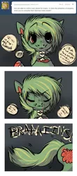 Size: 645x1462 | Tagged: safe, artist:dollfins, derpibooru import, oc, oc:gray matter, unofficial characters only, earth pony, pony, undead, zombie, zombie pony, ask, bust, comic, dialogue, earth pony oc, eyes closed, female, heterochromia, mare