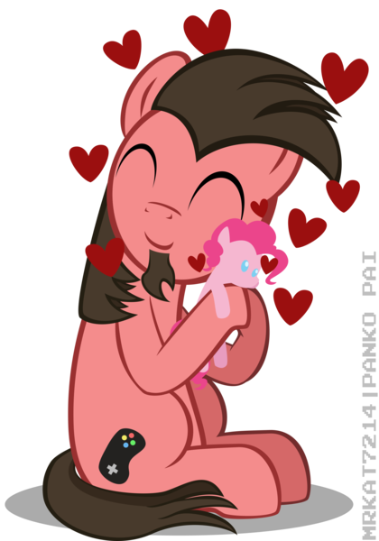 Size: 4200x6000 | Tagged: safe, artist:mrkat7214, derpibooru import, pinkie pie, oc, oc:ace play, earth pony, pony, absurd resolution, cute, facial hair, female, goatee, heart, hug, male, mare, plushie, simple background, sitting, solo, stallion, transparent background, vector