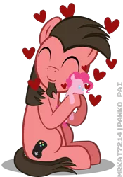 Size: 4200x6000 | Tagged: safe, artist:mrkat7214, derpibooru import, pinkie pie, oc, oc:ace play, earth pony, pony, absurd resolution, cute, facial hair, female, goatee, heart, hug, male, mare, plushie, simple background, sitting, solo, stallion, transparent background, vector