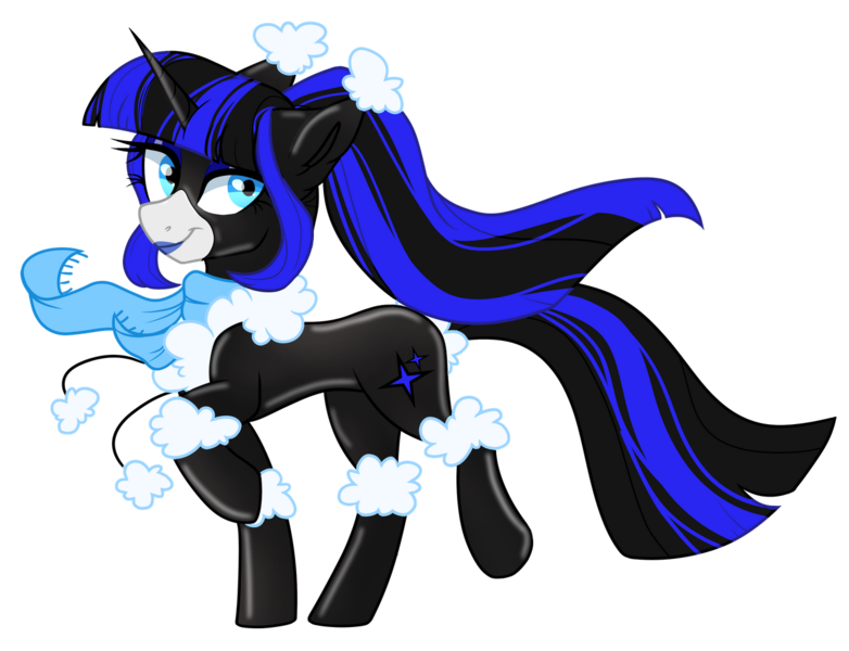 Size: 1280x982 | Tagged: safe, artist:koloredkat, derpibooru import, oc, oc:coldlight bluestar, unofficial characters only, pony, unicorn, clothes, female, horn, latex, latex suit, lipstick, looking back, mare, raised hoof, scarf, simple background, solo, transparent background, unicorn oc