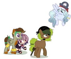 Size: 1942x1616 | Tagged: safe, artist:celestial-rue0w0, artist:elementbases, derpibooru import, oc, oc:lilac puddles, oc:sailing winds, oc:seaweed shores, oc:spirit sparrow, unofficial characters only, earth pony, pegasus, pony, amputee, bandana, base used, bracelet, choker, clothes, collar, commission, dress, ear piercing, earring, eye scar, eyepatch, female, filly, fingerless gloves, flying, freckles, gloves, grin, hat, headband, jewelry, mare, markings, mother and child, mother and daughter, multicolored hair, peg leg, piercing, pirate, pirate hat, prosthetic leg, prosthetic limb, prosthetics, raised hoof, raised leg, scar, simple background, smiling, tail wrap, transparent background