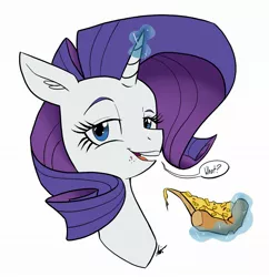 Size: 2005x2074 | Tagged: safe, artist:shelbysmol, derpibooru import, rarity, pony, unicorn, bust, dialogue, eating, everything is ruined, eyelashes, food, glowing horn, high res, horn, levitation, lidded eyes, looking at you, magic, open mouth, pineapple, pineapple pizza, pizza, portrait, signature, simple background, smiling, solo, speech bubble, telekinesis, white background