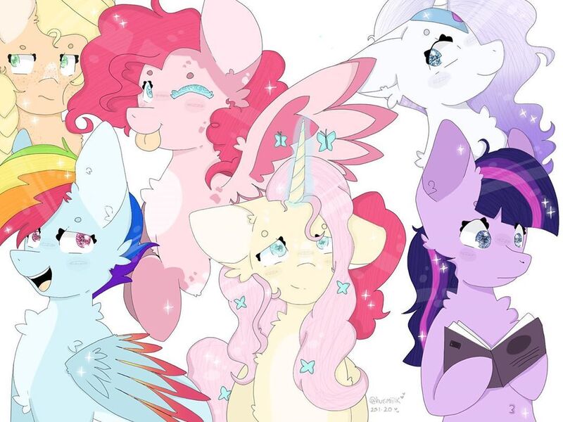 Size: 1080x810 | Tagged: safe, artist:huemiilk, derpibooru import, applejack, fluttershy, pinkie pie, rainbow dash, rarity, twilight sparkle, earth pony, pegasus, pony, unicorn, g5, leak, spoiler:g5, alternate design, applejack (g5), book, chest fluff, colored wings, cute, earth pony twilight, female, flower, flower in hair, fluttershy (g5), folded wings, gradient mane, image, jewelry, jpeg, mane six, mane six (g5), mare, pegasus pinkie pie, pinkie pie (g5), race swap, rainbow dash (g5), rarity (g5), redesign, simple background, smiling, spread wings, tiara, tongue out, twilight sparkle (g5), twitterina design, unicorn fluttershy, white background, wings