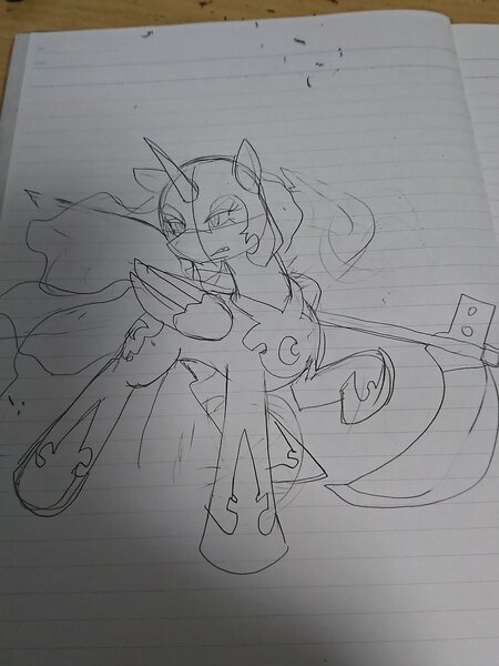 Size: 1080x1440 | Tagged: safe, artist:omegapony16, derpibooru import, nightmare moon, alicorn, pony, female, gritted teeth, helmet, hoof shoes, irl, lineart, lined paper, mare, peytral, photo, raised hoof, scythe, traditional art