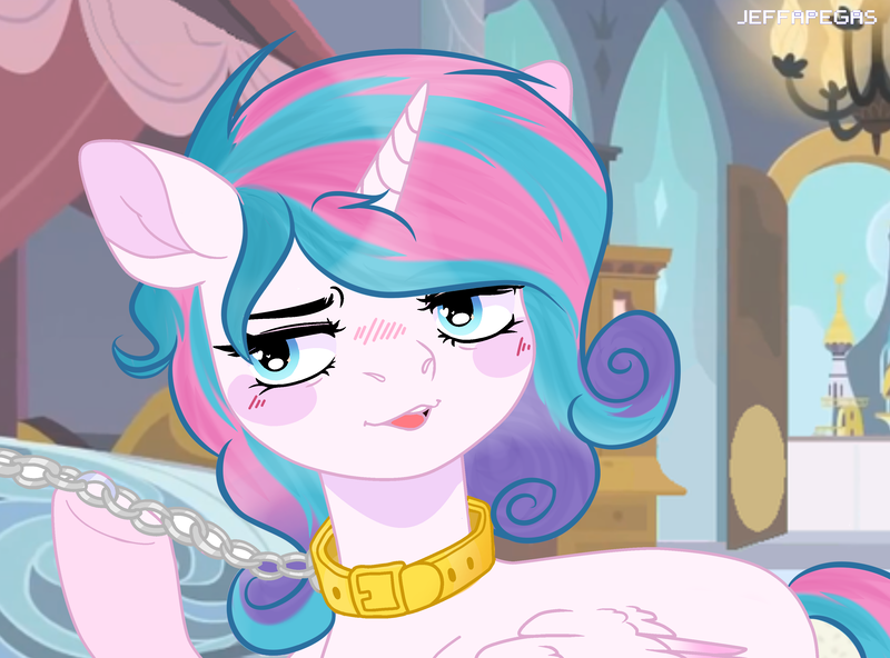 Size: 3510x2599 | Tagged: suggestive, alternate version, artist:kim0508, derpibooru import, princess flurry heart, alicorn, pony, alternate hairstyle, bdsm, bed, bedroom, bedroom eyes, blanket, blushing, canterlot castle, chains, chandelier, collar, commission, female, femsub, heart eyes, leash, mare, older, older flurry heart, open mouth, raised hoof, submissive, wingding eyes, ych result