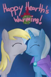 Size: 1500x2250 | Tagged: safe, artist:rasmustom, derpibooru import, derpy hooves, trixie, pegasus, pony, unicorn, /mlp/, 4chan, cape, christmas, clothes, eyes closed, female, hearth's warming eve, holiday, lesbian, mistletoe, postcard, secret santa, shipping, simple background, smooch, tripy, trixie's cape