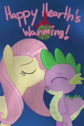 Size: 1500x2250 | Tagged: safe, artist:rasmustom, derpibooru import, fluttershy, spike, dragon, pegasus, pony, /mlp/, 4chan, christmas, eyes closed, female, flutterspike, hearth's warming eve, holiday, male, mistletoe, postcard, secret santa, shipping, simple background, smooch, straight