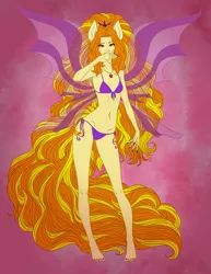 Size: 2520x3265 | Tagged: suggestive, artist:j3r1k0, derpibooru import, adagio dazzle, human, equestria girls, rainbow rocks, barefoot, belly button, bellyring, bikini, both cutie marks, breasts, clothes, cutie mark, cutie mark on equestria girl, cutie mark on human, delicious flat chest, disguise, disguised siren, ear piercing, earring, evil grin, feet, female, fin wings, flatdagio dazzle, gem, grin, humanized, jewelry, lidded eyes, lipstick, long hair, long nails, long tail, looking at you, nail polish, necklace, pendant, piercing, ponied up, ponytail, siren gem, smiling, solo, solo female, swimsuit, tailed humanization, wings