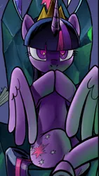 Size: 450x800 | Tagged: safe, artist:pencils, derpibooru import, twilight sparkle, twilight sparkle (alicorn), alicorn, pony, comic:marble mare manquee, cropped, crossed hooves, gendo pose, hooves together, sinister, sitting, solo, wings