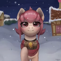 Size: 3000x3000 | Tagged: safe, artist:richie, derpibooru import, oc, oc:hopple scotch, unofficial characters only, earth pony, pony, barrel, clothes, collar, commission, eye clipping through hair, female, house, looking at you, mare, night, scarf, smiling, snow, snowfall, solo, ych result