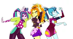 Size: 2779x1498 | Tagged: safe, artist:cassettepunk, deleted from derpibooru, derpibooru import, adagio dazzle, aria blaze, sonata dusk, equestria girls, equestria girls series, sunset's backstage pass!, spoiler:eqg series (season 2), bracelet, clothes, crossover, female, headband, jacket, jewelry, keep your hands off eizouken, leather jacket, parody, polka dots, ponytail, shorts, spiked headband, taco dress, the dazzlings, trio