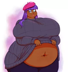 Size: 3103x3287 | Tagged: suggestive, artist:sirmasterdufel, derpibooru import, edit, editor:shiftyshades, rarity, human, bbw, beatnik rarity, belly, belly button, beret, big breasts, breasts, busty rarity, chocolarity, clothes, dark skin, fat, female, hat, high res, huge breasts, humanized, impossibly large breasts, looking at you, obese, one eye closed, raritubby, solo, solo female, ssbbw, sweater, tongue out