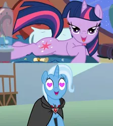 Size: 1280x1436 | Tagged: safe, derpibooru import, edit, edited screencap, screencap, trixie, twilight sparkle, unicorn, magic duel, alicorn amulet, bed, female, heart eyes, lesbian, scroll, shipping, shipping domino, twixie, unicorn twilight, wingding eyes