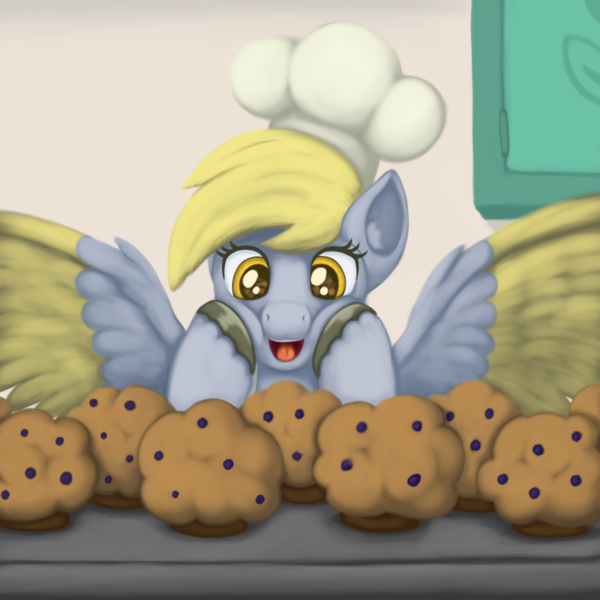 Size: 2000x2000 | Tagged: safe, artist:redquoz, derpibooru import, derpy hooves, pegasus, pony, baker, cheek squish, clothes, colored wings, cute, daaaaaaaaaaaw, derpabetes, ear fluff, female, food, hat, leg fluff, muffin, open mouth, paintstorm studio, spread wings, squishy cheeks, that pony sure does love muffins, tongue out, two toned wings, underp, unshorn fetlocks, wings