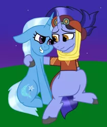 Size: 522x622 | Tagged: safe, artist:lightningbolt39, derpibooru import, hoo'far, trixie, pony, unicorn, clothes, cropped, female, floppy ears, grass, hill, looking at each other, male, shipping, sitting, smiling, straight, trixfar