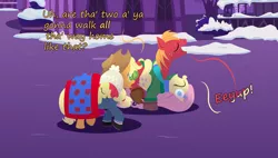 Size: 2160x1230 | Tagged: safe, anonymous artist, derpibooru import, apple bloom, applejack, big macintosh, fluttershy, pony, series:fm holidays, adorabloom, belly riding, blanket, boots, clinging, clothes, cute, dialogue, earmuffs, eeyup, eyes closed, female, fluttermac, hat, hoof gloves, jacket, leg lock, lineless, male, misleading thumbnail, night, no pupils, ponies riding ponies, riding, shared clothing, shared sweater, shipping, shoes, sleeping, snow, straight, sweater, upside down, walking