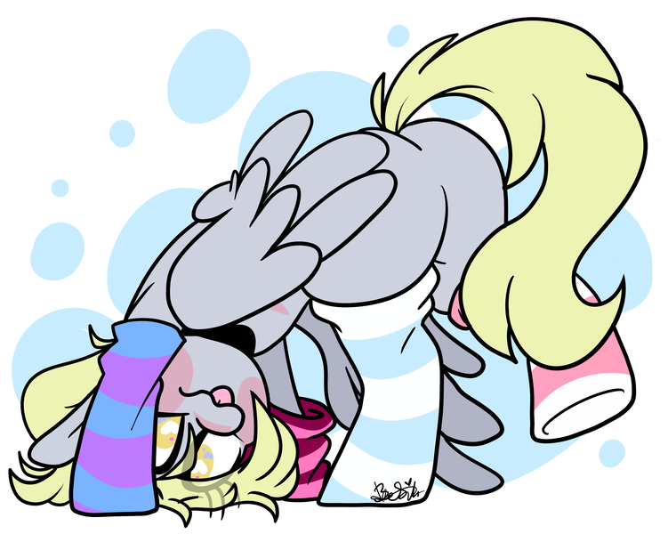 Size: 3753x3000 | Tagged: safe, artist:befishproductions, derpibooru import, derpy hooves, pegasus, pony, abstract background, adorkable, bubble, butt, clothes, cute, derpabetes, dork, featureless crotch, female, folded wings, heart eyes, mare, mismatched socks, plot, socks, solo, striped socks, thigh highs, tongue out, wingding eyes, wings