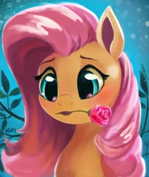 Size: 2972x3523 | Tagged: safe, artist:aponty, deleted from derpibooru, derpibooru import, fluttershy, pegasus, pony, blushing, bust, cute, female, flower, flower in mouth, lipstick, mare, mouth hold, portrait, redraw, rose, rose in mouth, shyabetes, solo, three quarter view