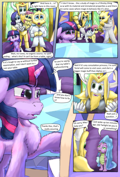 Size: 1080x1584 | Tagged: safe, artist:firefanatic, derpibooru import, fluttershy, rarity, spike, twilight sparkle, twilight sparkle (alicorn), alicorn, pony, comic:friendship management, alphys, armor, asgore dreemurr, blanket, carrying, chair, clothes, comic, crossover, crown, cutie map, dialogue, holding a pony, jewelry, lab coat, lidded eyes, pillow, regalia, shrugging, smiling, stone scales, table, twilight's castle, undertale, what is hoo-man
