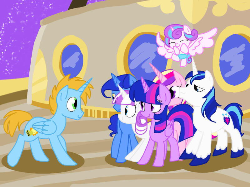 Size: 1024x768 | Tagged: airship, alicorn, alicorn oc, artist:andromedasparkz, derpibooru import, horn, night light, oc, oc:harmony star, once upon a zeppelin, princess cadance, princess flurry heart, safe, shining armor, sparkle family, twilight sparkle, twilight sparkle (alicorn), twilight velvet, wings