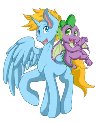 Size: 1024x1279 | Tagged: alicorn, alicorn oc, artist:mscolorsplash, derpibooru import, dragon, duo, horn, oc, oc:harmony star, safe, simple background, spike, transparent background, winged spike, wings