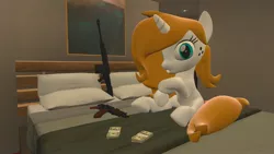 Size: 1920x1080 | Tagged: safe, artist:sevenxninja, derpibooru import, oc, oc:love biscuit, pony, unicorn, 3d, apartment, assault rifle, bed, bedroom, blanket, gmod, gun, looking at you, money, painting, pillow, rifle, solo, weapon